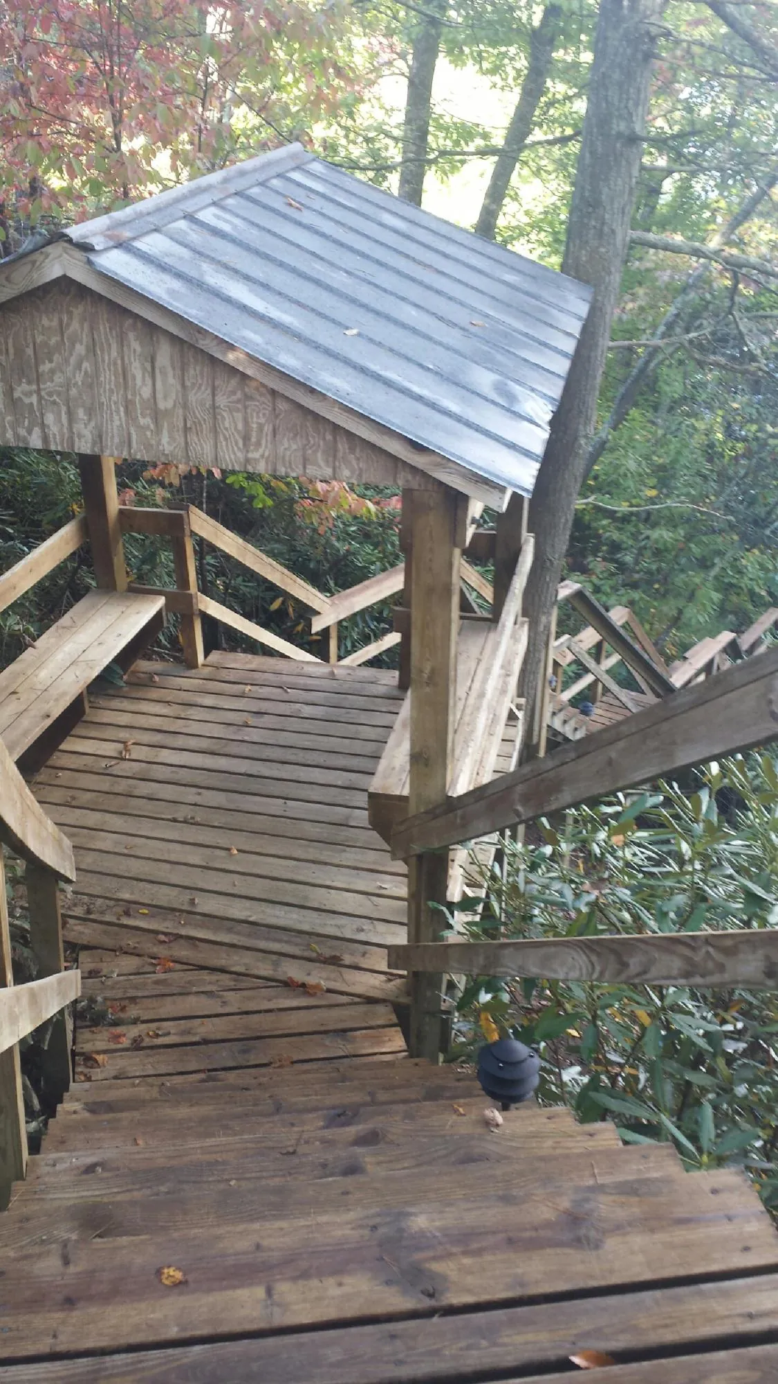 Metal roofed shelter over wooden steps on a wooded walkway — Skylight Repair & Installation work by our crew in East Moline